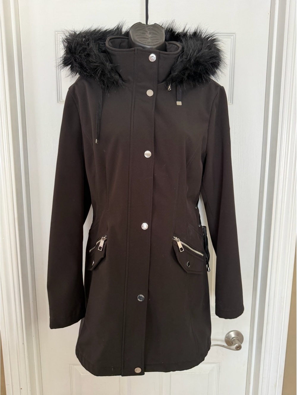 Guess black hooded coat with faux fur trim